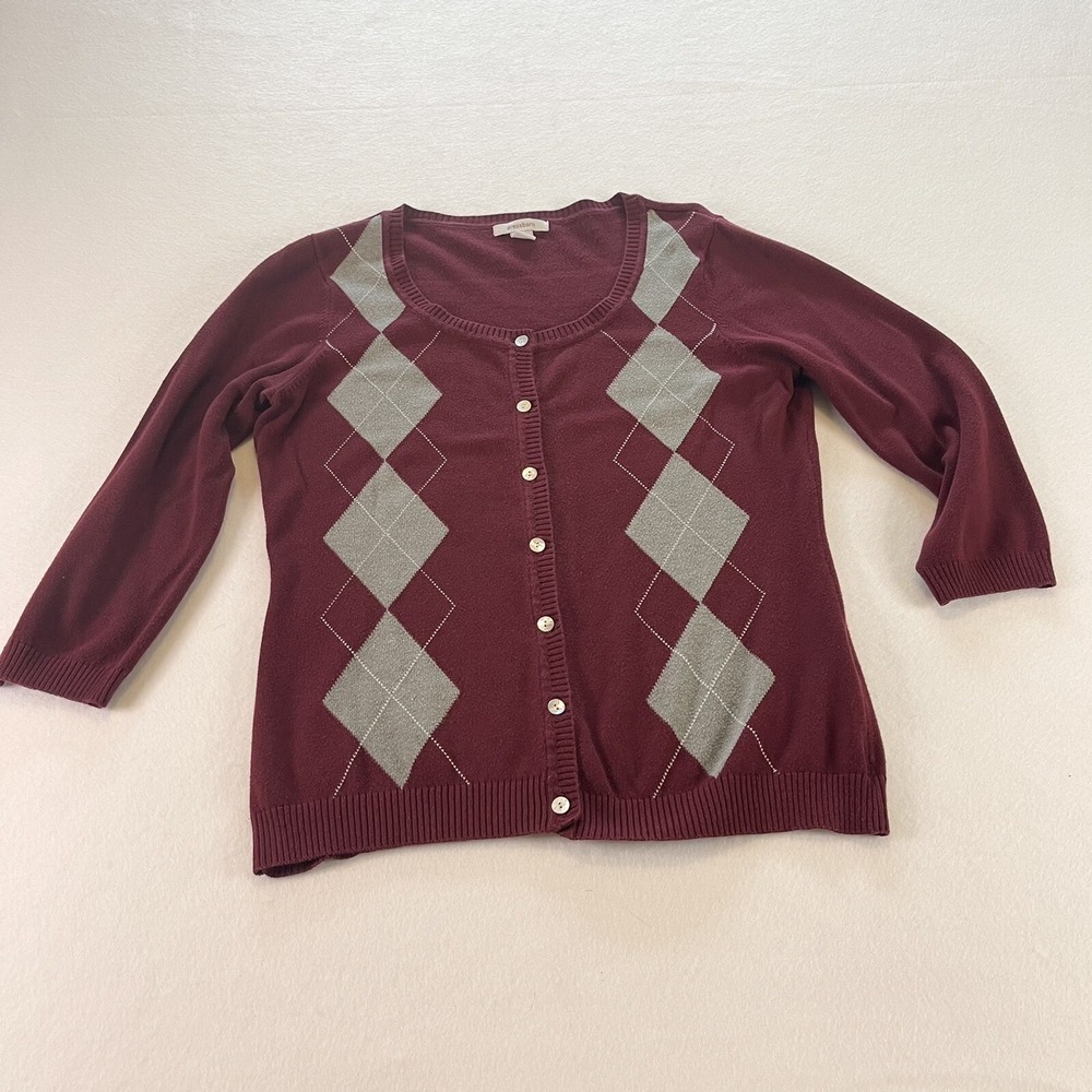 Dressbarn Cardigan Sweater Womens Medium Black Burgundy Wine Gray Argyle